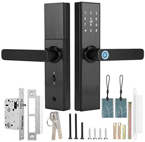 Qivine Smart Door Lock with Handle, Fingerprint Door Lock Touchscreen WiFi Smart Locks Front Door Password IC Card Smart Door Handle with 2 Keys and 2 Access Cards for Bedroom, Office