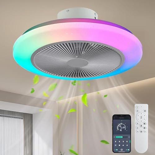 EKDADL 50CM RGB Ceiling Fan Flush Mount Modern Indoor LED Dimmable Low Profile Ceiling Fans with Lamps APP Smart Fans with Lights and Remote 3 Light Color Adjustable and 6 Speeds