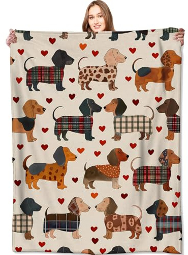VODRM Decke mit Dackel-Motiv, niedlicher Weiner-Hund, cremefarben, Geschenke für Kinder, Erwachsene, Damen, Herren, leicht, weiches Fleece, kariert, Herz-Design, für Sofa, Couch, Schlafzimmer, moderne