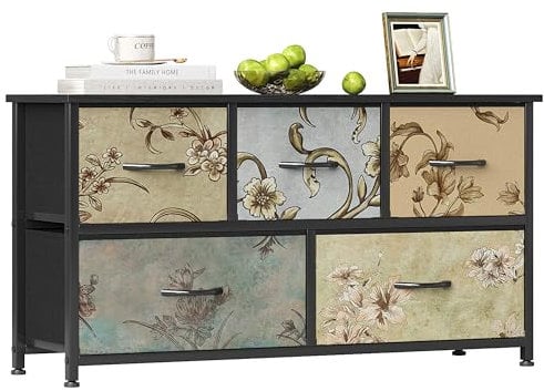 Flrrtenv 5 Drawers Dresser Storage, Bedroom Chest of Drawers, Vintage Storage Organizer Unit with Fabric Bins Fit for Bedroom, Living Room, Closet, Black Wood Top