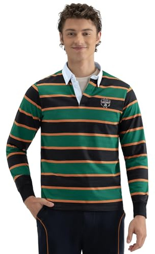 BRIAN OAK LONDON British Green Yarn Dyed Striped Cotton Rugby Shirt - Men's Long Sleeve Polo with Ribbed Cuffs & Embroidered Logo - Casual Rugby Apparel