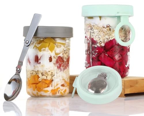 PENGSHU Glass Jars With Lids - 350ML Overnight Oats Jar with Buit-In Foldable Spoon, Airtight Glass Pots for Porridge, Fruit Salad, Oatmeal, Jelly, Jam, Yogurt, 12 oz Cup Containers (Set of 2)