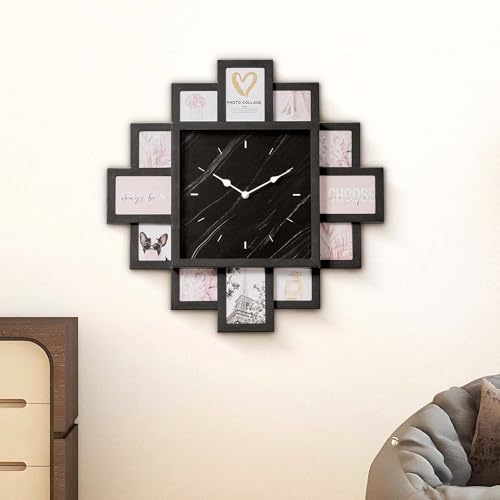 American Art Decor Picture Frame Collage Clock - 12 Photo Display Slots - Wall Mounted Modern Wall Decor - Wall Clock for Living Room, Bedroom, Kitchen, Office (Black, 20x 20)
