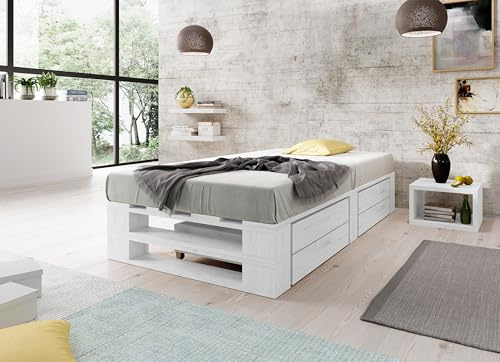 Lermowood Palettenbett M2 aus Holz 100 x 200 cm Weiß mit Lattenrost und 2 Bettkästen Holzbett 30cm Stabiles Seniorenbett Kinderbett Jugendbett Gästebett erhöhtes Bettgestell Futonbett Komforthöhe