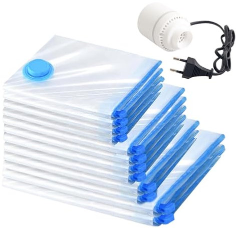 Sacs de Rangement Sous Vide, 12 Pièces Sac Sous Vide Vêtements avec Pompe USB, Réutilisables et Portables, Voyage Accessoires, Compactor Rangement Sous Vide, Idéal pour Vêtements et Voyages