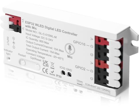 Controller WLED con microfono, ESP32 DC 5V-24V Digital LED Strip Controller per striscia LED indirizzabile Digital RGB IC WS2811 WS2812B SK6812 WS2815 RGBW striscia LED indirizzabile FCOB (bianco)