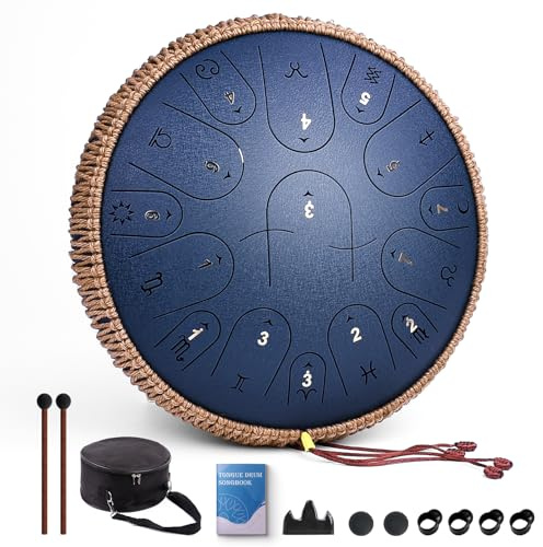 Steel Tongue Drum 13 Zoll 15 Noten, C-Dur 440Hz Handpan Drum für Erwachsene, Kinder und Anfänger, Meditationsgeschenk, mit Musikbuch, Schlägeln und Tragetasche (Marineblau)