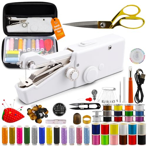 FONCOOD Handnähmaschine mit 36 Pcs Garnspulen, Kleine Handheld Sewing Machine für Erwachsene & Anfänger – Mini Nähset für Kleiderreparaturen, DIY-Bastelarbeiten und Unterwegs-Nähen