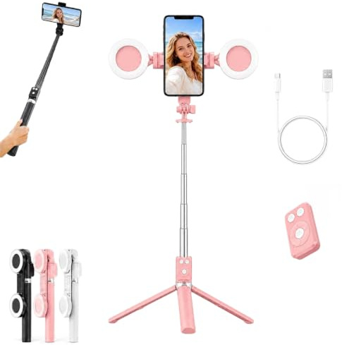 Bastone per selfie 6 in 1 con luce di riempimento, selfie con tracciamento automatico del viso, treppiede con telecomando, 6 in 1, wireless, Bluetooth, per iPhone, Samsung, Android, rosa