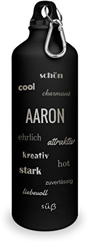 Trinkflasche mit Namen Aaron - graviert mit Positive Eigenschaften, Aluminiumflasche mit Gravur, Sportflasche - matt schwarz