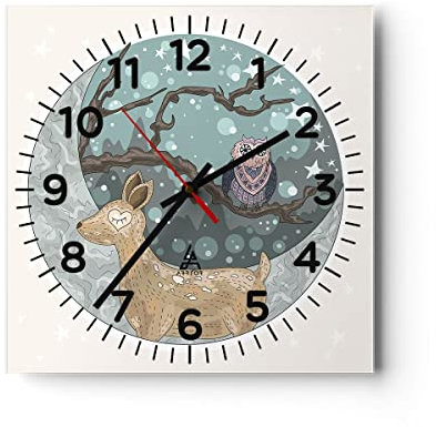 Modern Wanduhr Tiere Nacht Mond Eule 40x40cm Quadrat Groß Wand Uhr Glas Analog Zimmeruhren Küche Büro Wohnzimmer Glasuhr Wall Clock Dekoration Design Wanddekoration Küchenuhr C4AC40x40-2853