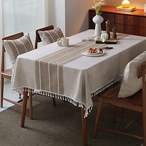 MOKANI Middle Embroidery Table Cloth Washable Cotton Linen Tassel Tablecloth, Rectangle Wrinkle Free Anti-Fading Table Cover for Kitchen Dinning Thanksgiving Christmas (55 x 86 Inch, Brown)
