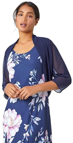 Roman Originals Chiffon Bolero Shrug Jacket for Women UK - Ladies Ruched Hem Cover Up Smart Formal Mesh Wrap Shimmer Cropped Blazer Wedding Guests Cardigan Cardi Crease Free - Navy - Size 18