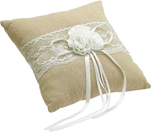 EinsSein 1x Ringkissen Hochzeit Jute Flower 20x20 groß beige Standesamt | Traukissen Kissen für Trauringe Eheringe Ringe | Wedding Ring sprich Ringhalter Hochzeit | Satin Stoff Vintage klassisch
