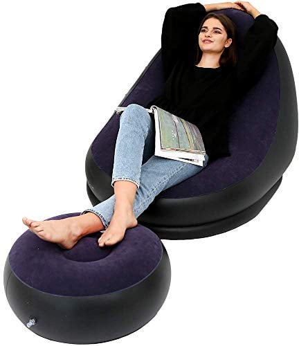 LONEEDY Aufblasbares Freizeit-Sofa/-Stuhl und Fußhocker, zusammenklappbar, für den Außenbereich, beflockt, Blau