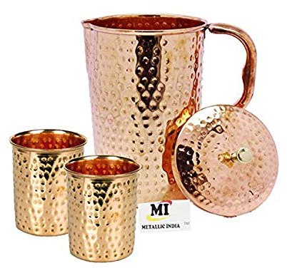 Satya Exports 100% Pure Copper Handmade Hammered Tumbler Jug Pitcher and 2 Copper Tumbler Glass Set Ayurveda Yoga Health Benefits