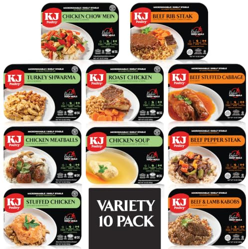 KJ Poultry Kosher Ready Meals - (10 Pack Variety - Beef, Chicken & Turkey) Prepared Entree Fully Cooked, Shelf Stable Microwave Dinner Travel Military Camping Emergency Survival Protein