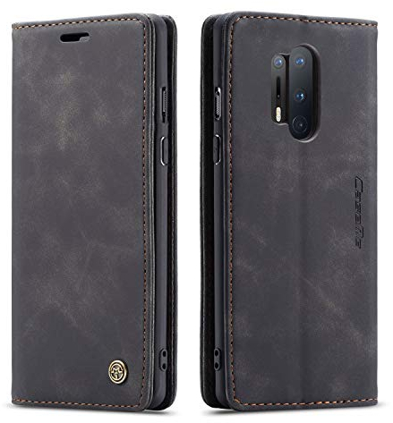 mvced Handyhülle Kompatibel mit OnePlus 8 Pro,Premium Leder Flip Case Schutzhülle mit Standfunktion,Schwarz