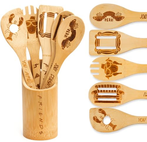 PuGez 5pcs Bamboo Friends Wooden Cooking Spoons Set, Friends TV Show Merchandise, Kitchen Utensils with Holder