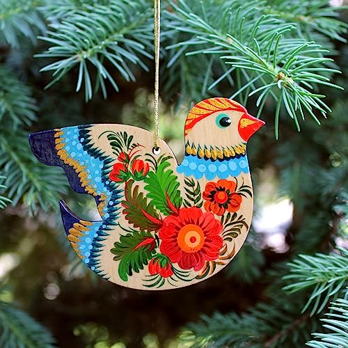 Vogel Christbaumschmuck aus Holz handbemalt 9 x 7 x 0,5 cm Rustikaler Weihnachtsschmuck nach mit der Petrykiwka-Malerei, Vogel Deko Hängend. Ukrainische Geschenke