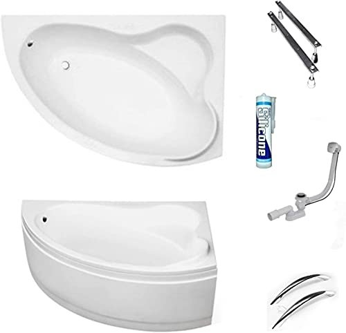 ECOLAM Baignoire d'angle acrylique blanc Ada 140x90 cm droite, tablier en acrylique, poignées, pieds, siphon + silicone. Baignoire acrylique blanc