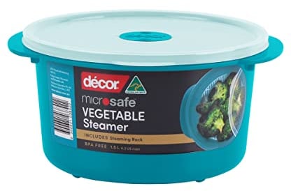 Décor Microsafe Cuiseur vapeur pour légumes | Avec grille de cuisson à la vapeur et évent d'évacuation de la vapeur | Passe au lave-vaisselle et au congélateur | Capacité de 1,5 l – Bleu sarcelle