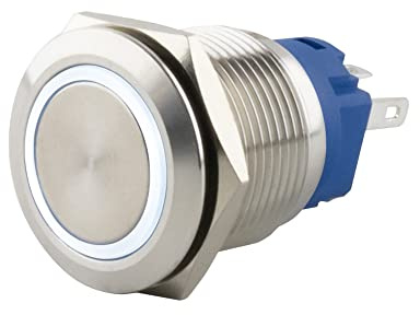 SeKi Edelstahl Drucktaster Ø16mm tastend flacher Kopfform farbig beleuchtetem LED Ring in weiss Lötösen / Flachstecker 0,5x2,8 Anschluss; Klingeltaster