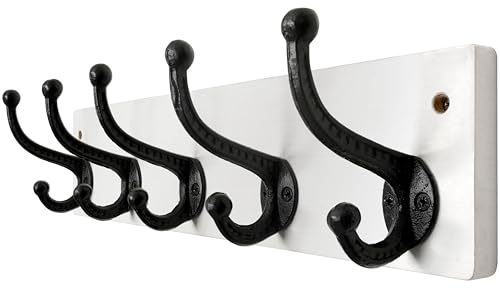WEBI Rustic Coat Rack Wall Mount,5 Cast Iron Coat Hooks Wall Mounted,Heavy Duty Wall Coat Hanger,Vintage Hooks for Hanging Coats,Clothes,Black on White