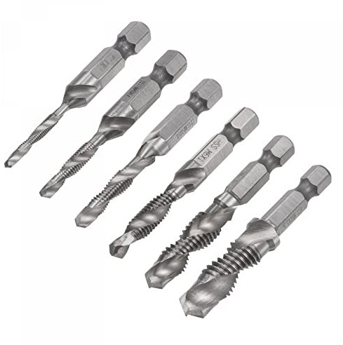 sourcing map Combination Drill and Tap Bit Set, M3 M4 M5 M6 M8 M10 Metric 1/4 Hex Shank High Speed Steel 4341 Spiral Flute Drilling Tapping Tool 6pcs