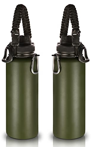Volhoply 1200ml Isolato Borraccia Termica 2 Confezioni,Bottiglia in Acciaio Inox con Cinturino in Paracord, Bottle a Doppia Parete,Bottiglie Sportive per Bambini,Scuola(Verde Esercito,2 set)