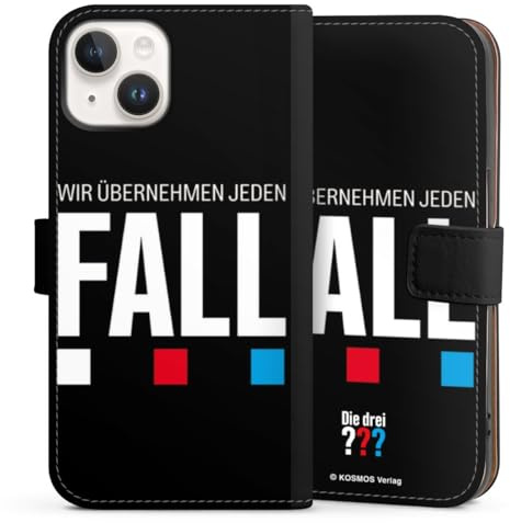 Klapphülle kompatibel mit Apple iPhone 14 Handyhülle aus Kunst Leder schwarz Flip Case Die DREI ??? Statement Die DREI Fragezeichen