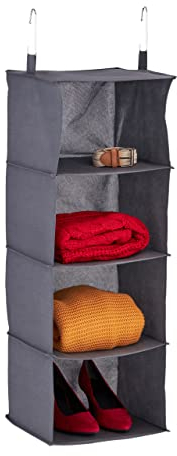 Relaxdays Hängeregal Kleiderschrank, 4 Fächer, Stoff, HBT: 97 x 30 x 30 cm, 2 Haken, Kleideraufbewahrung hängend, grau