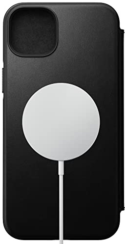 Nomad Moderne Schutzhülle aus Leder für iPhone 14 Plus, schwarz, Brieftaschenformat, Flip-Case, 3 Kartenfächer, schützender Bumper, Mag Safe & kabelloses Laden