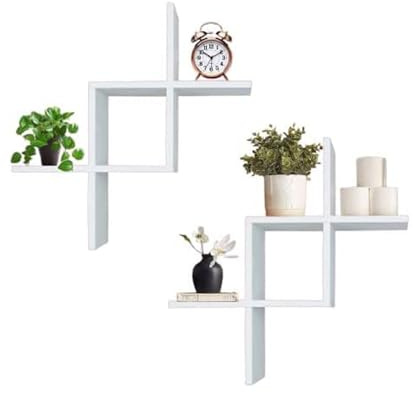 PREMZO Modern Criss Cross Design Floating Shelves Décor Display Storage Wall Mountable Shelf Storage Rack Unit Bedroom Living Room Bathroom Kitchen Home Office Set Of 2 (White)