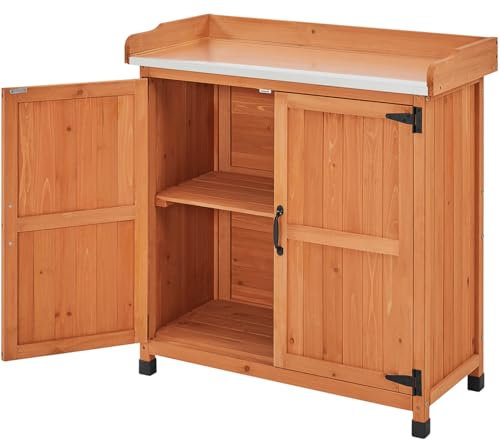 Topeakmart Potting Bench Table - Wooden Storage Cabinet with Removable Shelf & Flexible Space & Metal-Plated Tabletop for Indoor/Outdoor Garden Patio,Brown