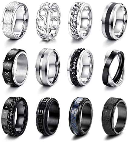 CASSIECA 12 Stück Ringe für Herren Fidget Spinner Anti Angst Ringe Band Ketten Ringe Silber Schwarze Ehering Verlobungsringe Zappel Ring Geburtstag Geschenke für Herren Größe 70