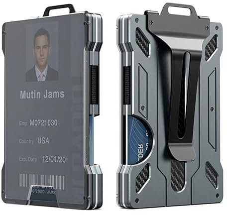 Portefeuille RFID, Porte-Cartes en Aluminium avec Porte-Badge Porte-Carte d'identité Transparent, jusqu'à 15 Cartes avec Pince à Billets, Protection RFID, Étui pour Cartes de Crédit (Gris)