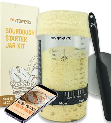 myFERMENTS Sauerteig Starter Set Deluxe: 1000ML Sauerteig Glas Jar Silikonspatel & Messband - Ideal für Perfekten Bread Maker - Mit praktischem Leitfaden zum Herunterladen