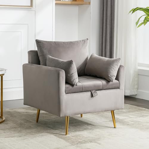 Merax Chaise en Velours, Fauteuil décontracté, Fauteuil Simple avec Rangement, Fauteuil avec Coussin, avec Pieds en métal Or Rose Gris