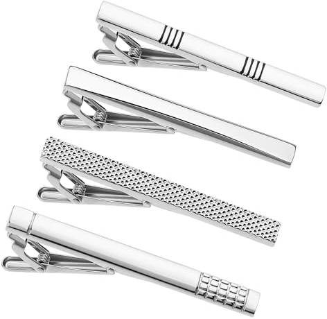 COMNICO 4 Pcs Tie Bar Clip for Men Silver Personalized 2.3 Inch Tie Clips Set Tie Tack Pins Business Suit Accessories Men for Wedding Boyfriend Gift Father's Day Valentine's Day
