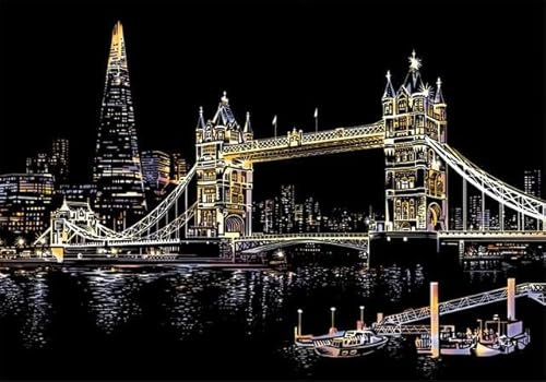 Figured'Art Kratzbild im Format A3 (29,7 x 42 cm) – Londoner Brücke – komplettes Set mit Scratch Painting Kratzkarte