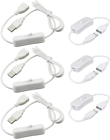 HUAZIZ 6 Piezas USB interruptor Cable de extensión(1m/0.3m) Blanco, interruptor de encendido/apagado macho a hembra para lámpara de Escritorio LED, Ventilador USB, Tiras de LED