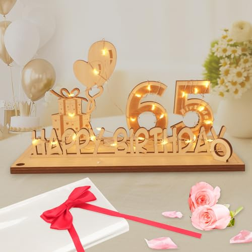 Seutgjie 65 Geburtstag Deko für Mann Frau Geldgeschenke mit LED Lichterkette Fliege und Geschenkpapier Holz Schild Gästebuch 65 Jahre Hochzeitstag Jubiläum Tischdeko