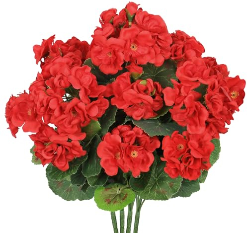 ASTNIC Künstliche Geranie für den Außenbereich, 4 Stück, rote Geranien, Seidenblumen, UV-beständig, kein Verblassen, Kunstblumen, Geranien, Busch für Zuhause, Outdoor, Garten, Veranda, Fenster, Vase,