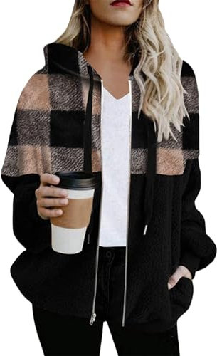 YMING Femmes Casual Mode Lâche Confortable Uni Hoodie Double Velours Poche Zip Cordon À Glissière Set Rose Noir XXL