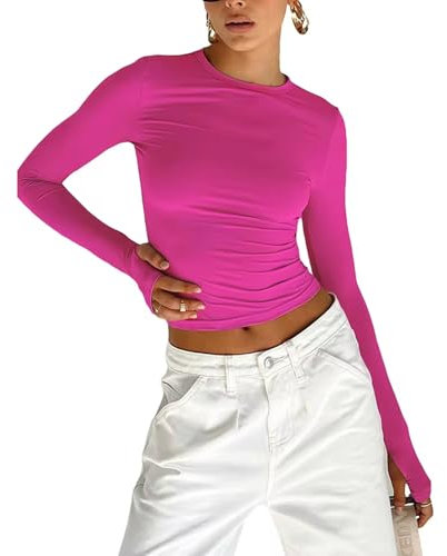 Fashion Women T-Shirt Long Sleeve Crew Neck Solid Slim Fit Ladies Crop Top with Thumb Holes for Daily Streetwear Summer Camis,Fuchsia,L