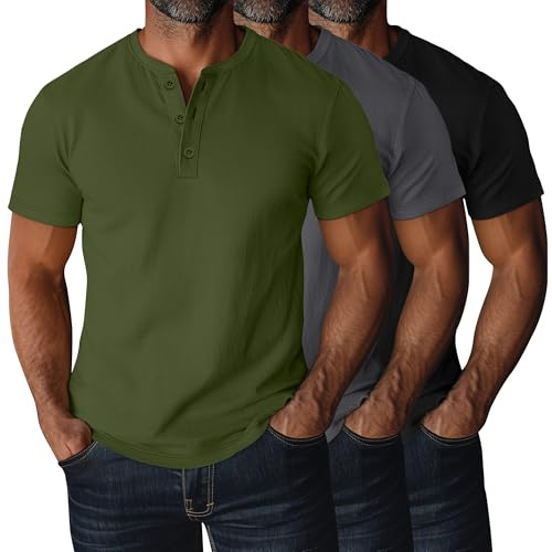 Ficerd Paquete de 3 Camisetas Henley para Hombre | Talla Grande Y Extra Grande, Manga Corta, Talla Grande, Con Botones, Tops Tipo Polo, Holgada, Informal, Verano, Deportiva