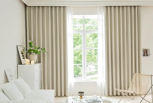Dsnyu Gardine Fenster, Vorhang XXL Beige Volltonfarbe Polyester Curtain für Schlafzimmer Wohnzimmer 2er Set 137x244cm BxH