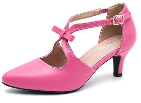 fereshte Damen-Pumps mit T-Riemen, 5,1 cm, niedriger Absatz, Schleife, spitzer Zehenbereich, D'Orsay Dressy Pumps, Matt Hot Pink, 42 EU