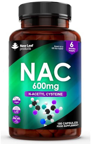 NAC N-Acetyl-Cysteine 600mg Capsules N-Acetyl Cysteine Nutritional Supplements 180 NAC Capsules - Nac Supplement High Bioavailability Amino Acid - Vegan Friendly - Made in UK by New Leaf